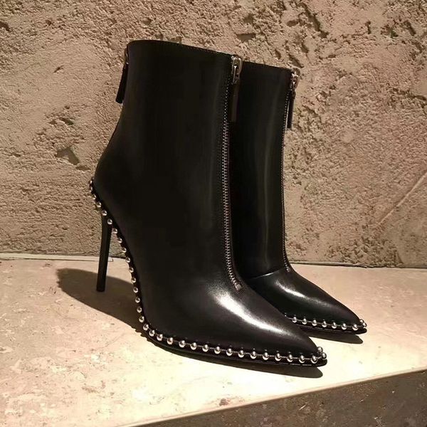 

2020 new autumn and winter pointed toe short boots women stiletto high heel boots mid-tube rivet, Black