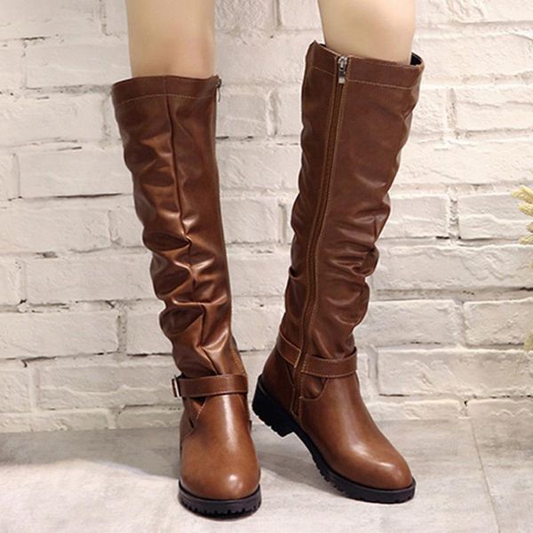 

boots women's winter and autumn genuine pu women zipper square heel solid color high boots knee-high shoes round toe, Black