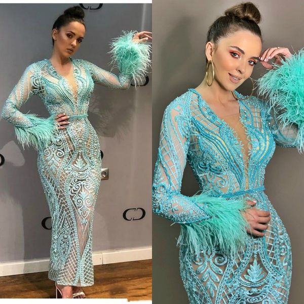 

2019 arabic ankle length luxurious prom dresses lace beaded deep v neck evening dress sheath formal party bridesmaid pageant gowns, Black