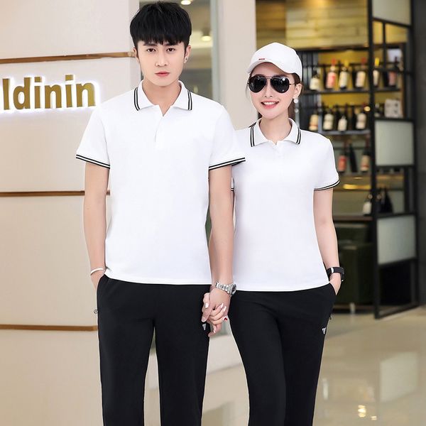 

summer new style couples athletic clothing set short sleeve trousers black sportswear thin fold-down collar sports set men c, White;red