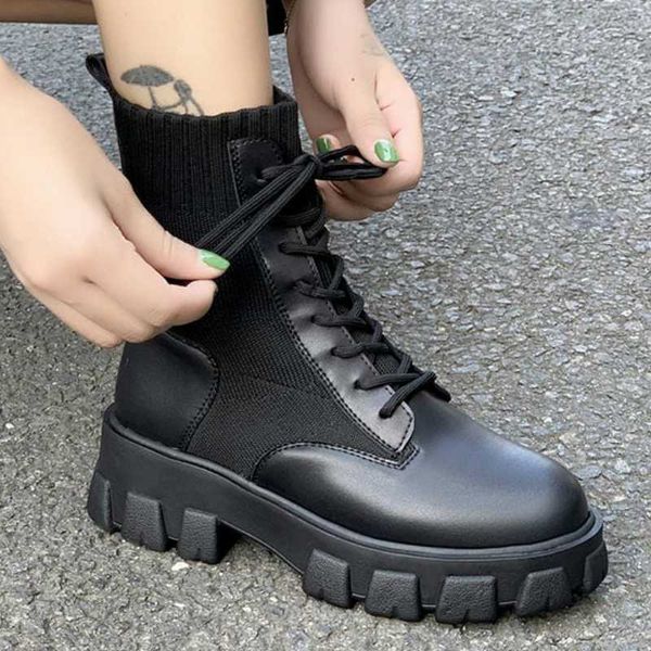 

fashion black women ankle martin boots pu leather stretch fabric shaft platform chunky heel patchwork casual ladies shoes female