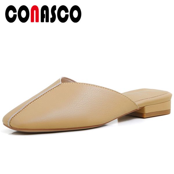 

sandals conasco 2021 women low heels slippers summer arrival square toe casual shoes woman elegant concise solid color mules, Black