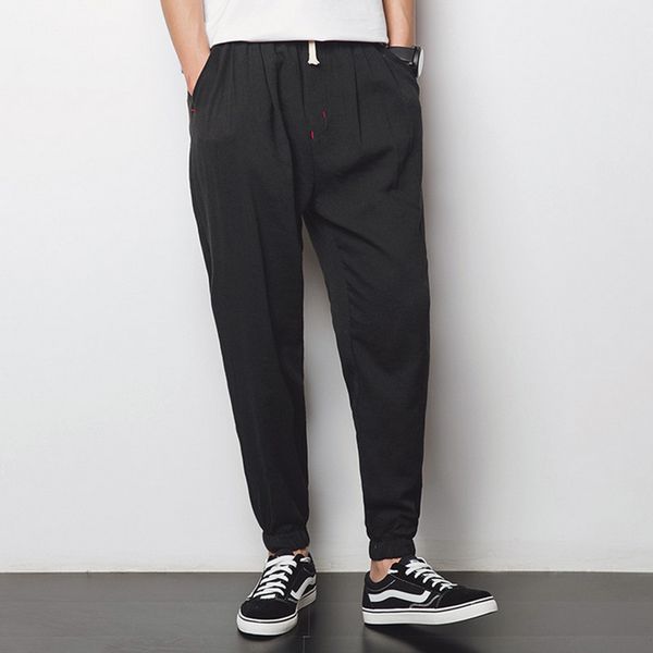 

new design mid elastic waist loose casual solid quality summer new man lantern loose thin cotton linen men tenths pants, Black