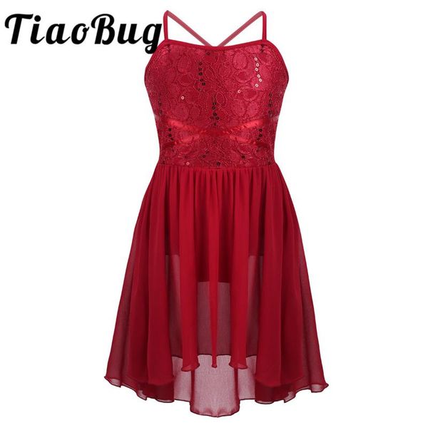 

kid girls sequin lace leotard high-low hem chiffon flower girls dress for lyrical modern contemporary ballroom dance performance, Red;yellow