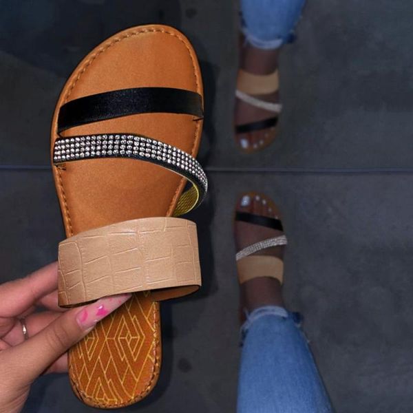 

rhinestone slippers women 2020 summer sandals roman beach shoes open toe flat shoes casual slippers femme pantoufles sandalias, Black
