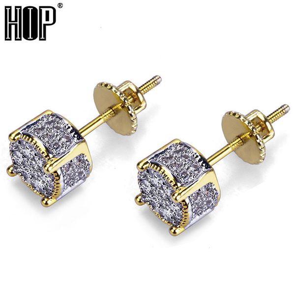 

hip hop micro pave cz stone bling ice out stud earring male gold color copper round earrings for women men jewelry dropshipping 210202, Golden;silver