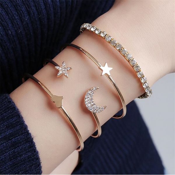 

fashion 4pcs/set stars moon bracelets for women charming lady crystal gold bracelet female party jewelry accessories, Black