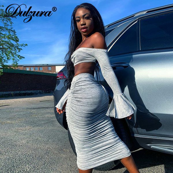 

dulzura lace up women 2 piece set off shoulder flare sleeve crop ruched midi skirt bodycon streetwear 2020autumn winter, Gray