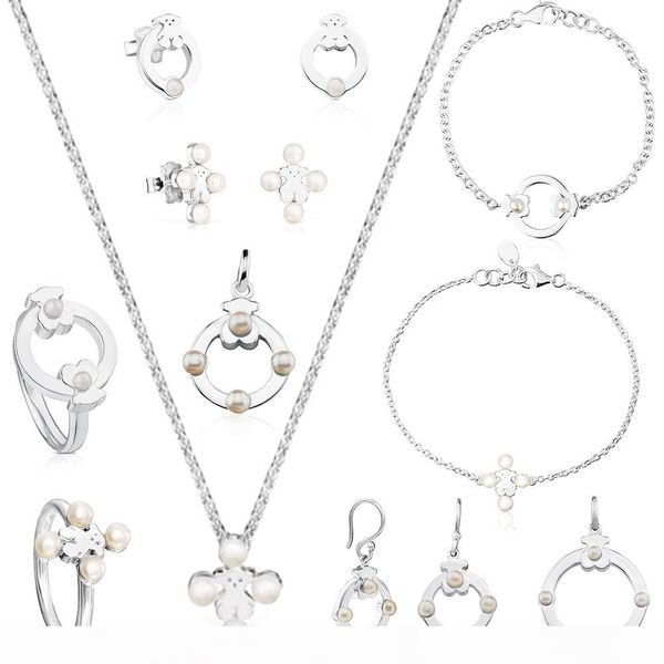 

100% 925 sterling silver pearl bear sweet necklace stud earrings bracelet pendant earrings women's temperament jewelry, Black