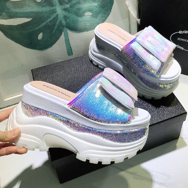 

толстая нижняя блестки обувь 2020 новый повседневный дышащие сандалии flat высокий каблук высокой платформе женщина обувь мода удобная сияющ, Black