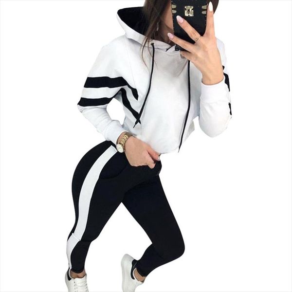 

calofe women spring two piece set casual colorblock striped hooded long sleeve crop long pants workout fitness sports suit, Gray