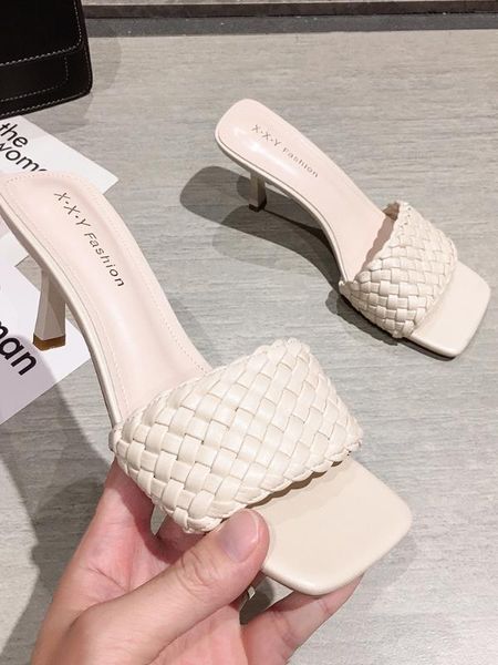 

women's shoes slippers outdoor 2020 summer new open-toe stiletto woven heels, Black