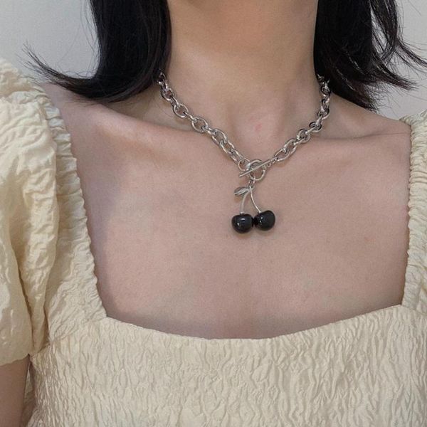 

punk black cherry pendant clavicle chain choker necklace titanium steel ot buckle fruit necklace streetwear for women gift, Silver