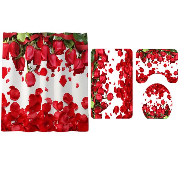 

4шт коврики mat set rose petal pattern душ занавес non скольжения home туалет обложка