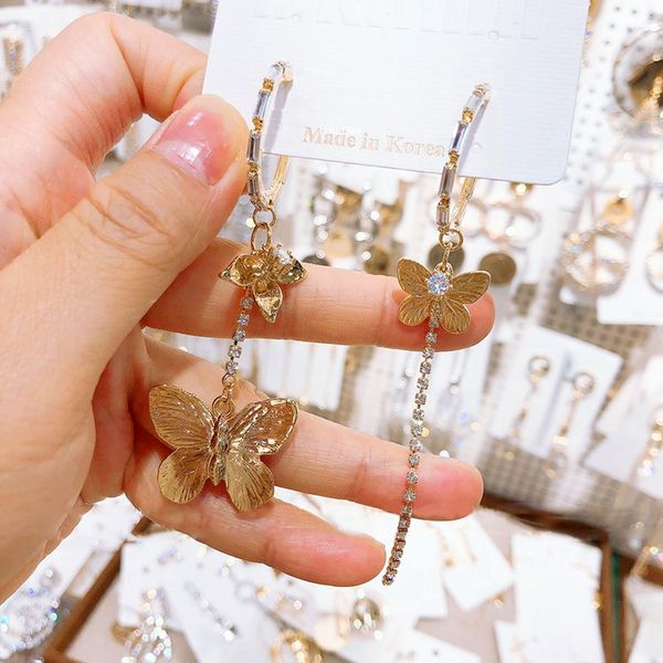 

mengjiqia new fashion metal butterfly zircon hoop earrings for women girls long tassel rhinestone party boucle d'oreille jewelry, Golden;silver