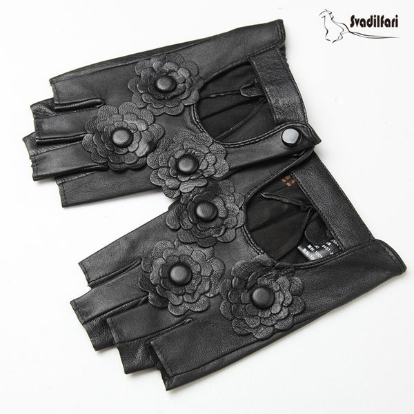 

2020 fashion women' half finger gloves female genuine leather fingerless driving mittens cut out street style guantes, Blue;gray