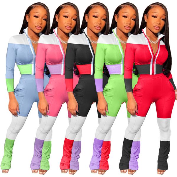 

women tracksuit cardigan stacked contrast color two piece sets casual slim long sleeve 2pcs women outfits, Gray