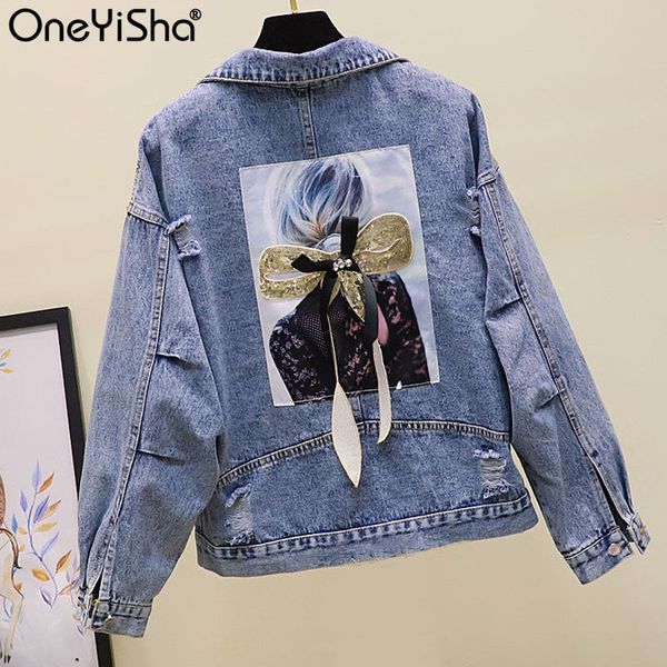 

streetwear style women's denim jacket print long sleeve jean jacket loose bomber coat ladys spring autumn hole female outwear, Black;brown
