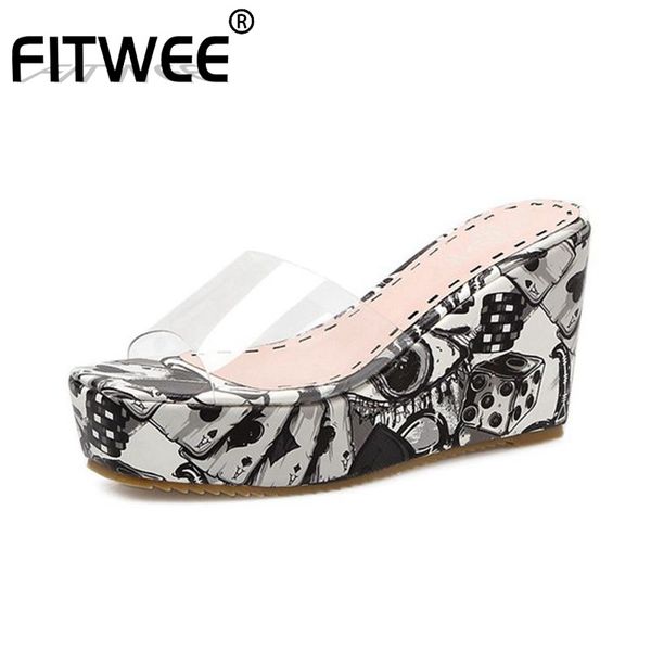 

fitwee new vintage print wedge sandals pvc platform sandals high heels gladiator women ladies footwear size 34-40, Black