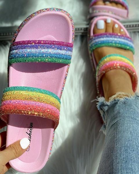 

female summer slippers woman flat slides casual bright rainbow slippers indoor home shoes outdoor beach flip flops women slides, Black