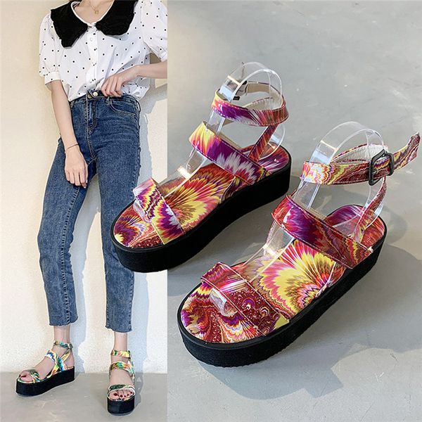 

women's sandals colorful flat platform summer print ladies ankle buckle strap sandalias mujer shoes female casual woman, Black