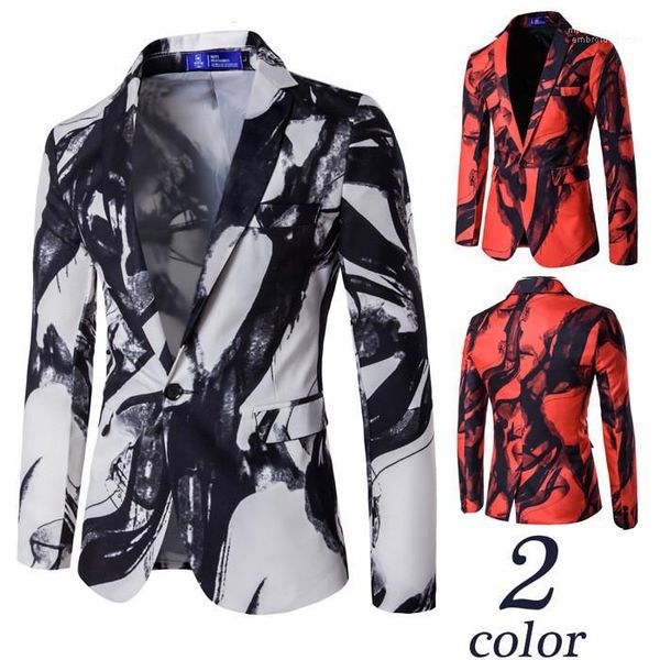 

fashion casual homme clothing ink print suit new designer mens one button suit, White;black