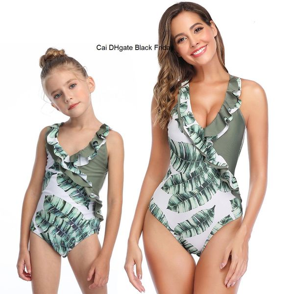 

2020 leaf bathing suits mother daughter swimsuit mommy and me swimwear family matching clothes outfits women girls bikini dress, Blue