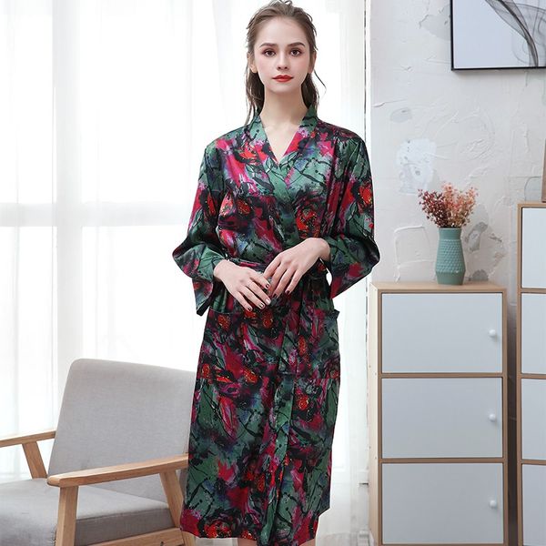 

women's sleepwear nightwear casual silky satin print nightgown women kimono bathrobe gown intimate lingerie 2021 nightdress homewear, Black;red