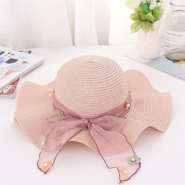 

summer women's casual sun hats straw bow big brim straw caps flower pearl beach hat foldable clothing accessories, Blue;gray