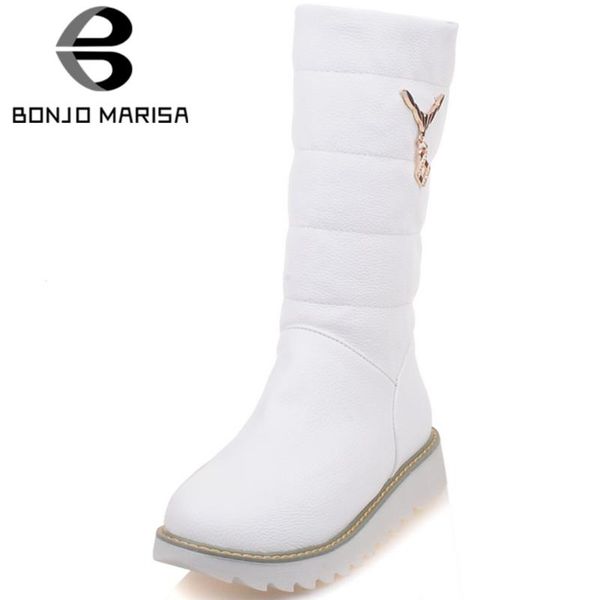

bonjomarisa female metal fashion solid platform mid calf snowchunky slip on winter boots women casual daily shoes woman, Black