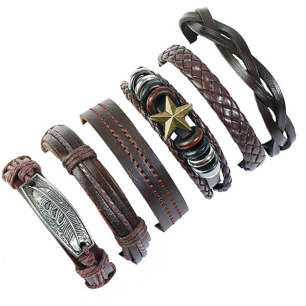 

leaf genuine leather bracelets bangles sets brown multilayer beads wrap cuff simple vintage retro diy women star charm jewelry accessories, Golden;silver