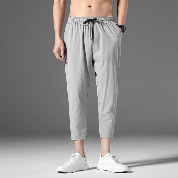 

summer thin stretch ice silk casual pants men's korean style trend large size sports loose feet nine-point long pants, Black