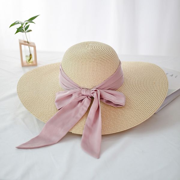 

seioum fashion women sun hats hand made straw hat female ribbon bow-knot wide brim beach hat casual summer shade anti uv cap, Blue;gray