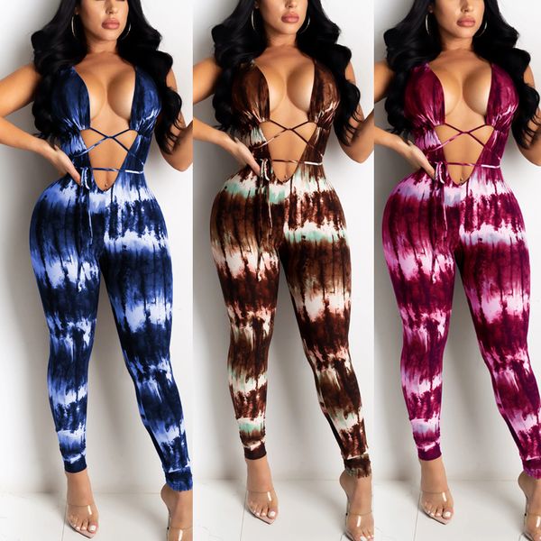 

women office lady trendy tie dye bodycon jumpsuit deep v neck exposed navel sleeveless elastic casual playsuits clubwear romper, Black;white