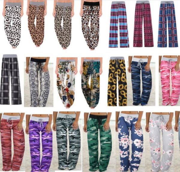 

women wide leg trousers drawstring elastic pants sunflowers camo leopard floral plaid flare pants yoga loose bloomers home clothing e82001, White