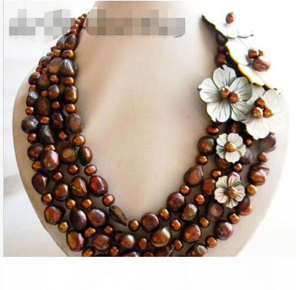

4strands 19'' 12mm coffee baroque shell flower freshwater pearl necklace, Silver