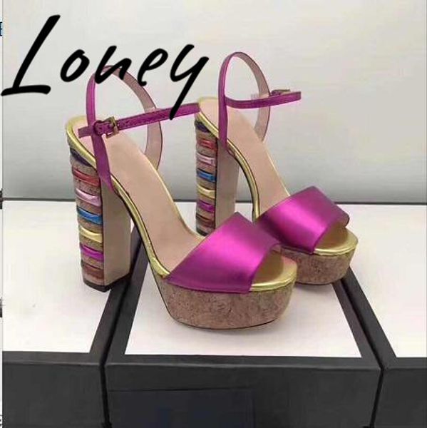 

ollymurs genuine leather rainbow chunky heel high heel sandals platform thick high sandals shoes ladies, Black