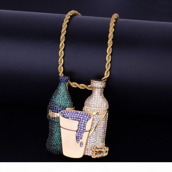 

iced out sprite bottle purple cup hip hop combo pendant necklace gold silver color cubic zircon men's jewelry