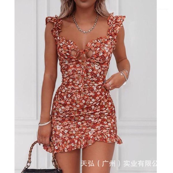 

dresses designer floral ruffle dresses women cute mini dresses casual sleeveless v neck bandage fashion womens, Black;gray