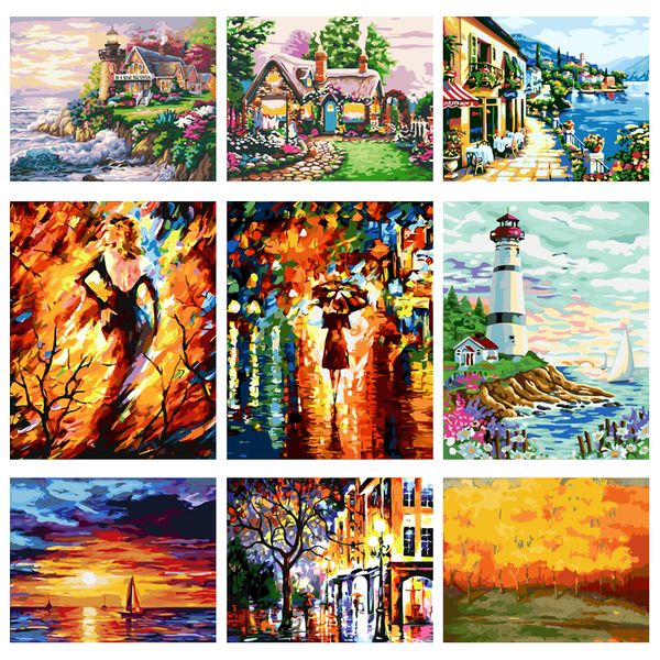 

yijie diy painting by numbers rural landscape city scenery drawing on canvas handpainted painting art gift diy home decoration
