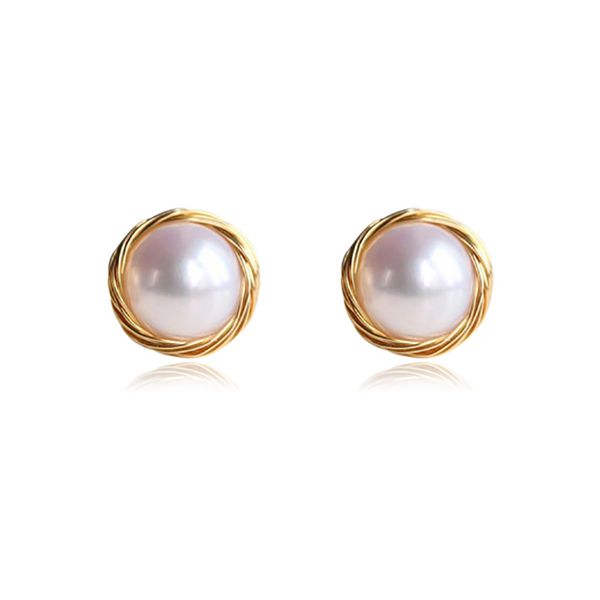 

natural freshwater pearl stud earrings wedding earrings jewelry for women 925 silver earrings pearl stud with coils, Golden;silver