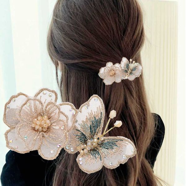 

exquisite embroidery butterfly hairpins crystal rhinestone flower elegant bangs hair clips for girls vintage accessories jewelry, Golden;silver