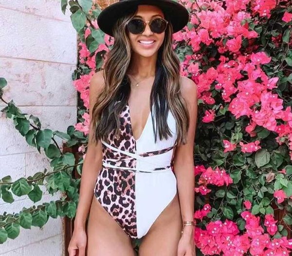 

leopard criss cross backless one piece swimwear women plunge deep v neckline swimsuit belt tummy control brazilian monokini, White;black