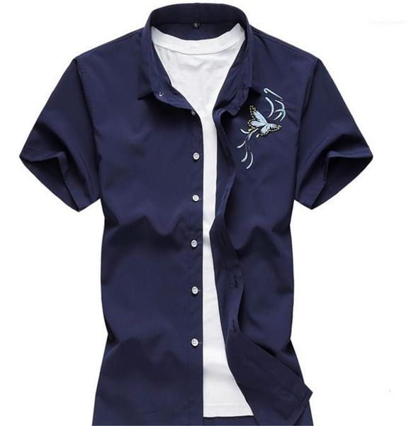 

clothing mens summer designer short sleeve cardigan turndown collar mens shirts silm embroidery fashion casual male, White;black