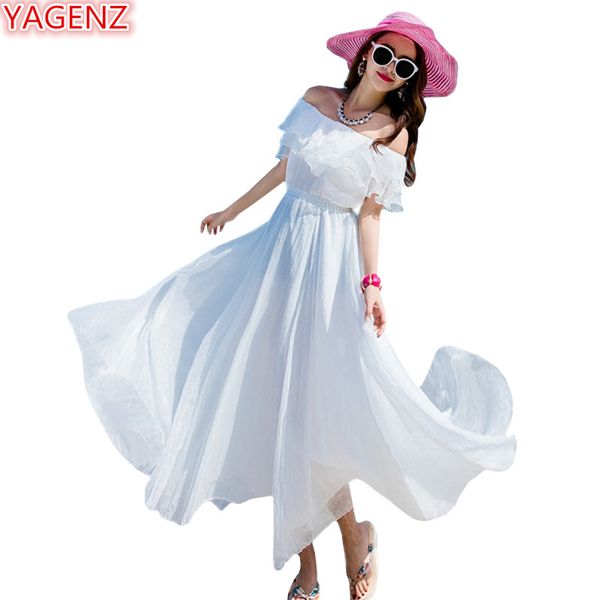 

yagenz fashion white bohemian dress summer for women 2020 beach dresses slash neck ruffle elegant dress ladies dresses 1031, Black;gray