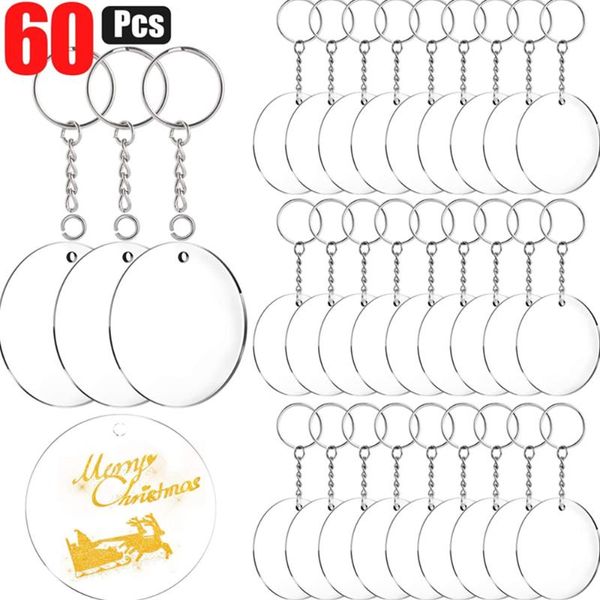 

48/60 pieces acrylic circle blanks keychain rings 2 inch round with hole clear discs circles for diy projects and crafts, Silver