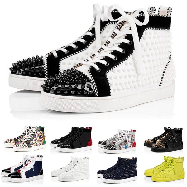 

with box fashion suede leather platform red bottoms studded spikes flats dress casual shoes bottom men women high cut party lovers sneakers, Black