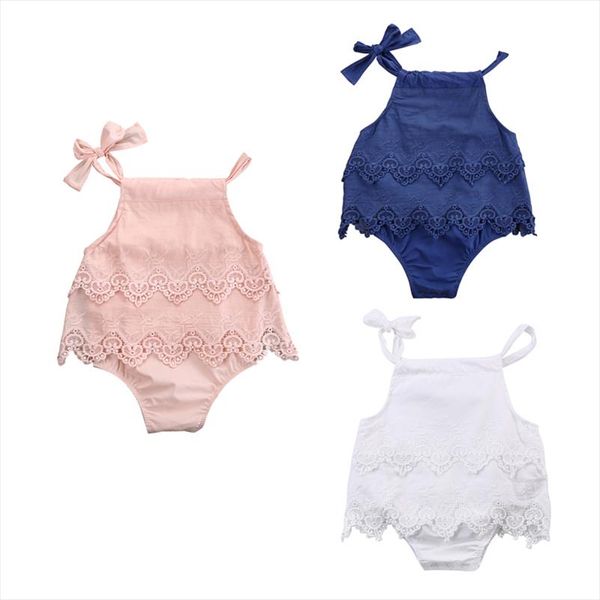 

2018 cute lovely newborn infant baby girls cotton sleeveless square collar belt lace floral solid 3 style bodysuit outfit 0 18m, Blue