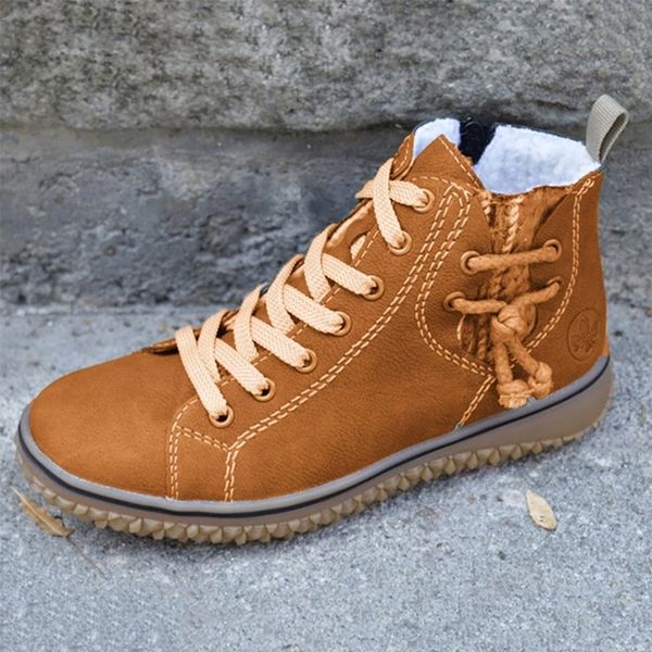 

women's winter boots women flock ankle boots woman warm plush flat ladies fashion lace up round toe platform shoes plus size, Black