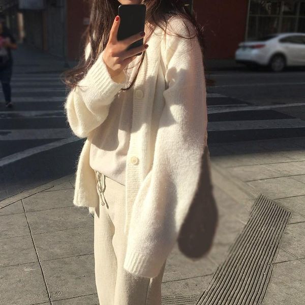 

new winter women cardigan coat loose long sleeve thick mohair sweater casual female solid knit sweater coat, White;black